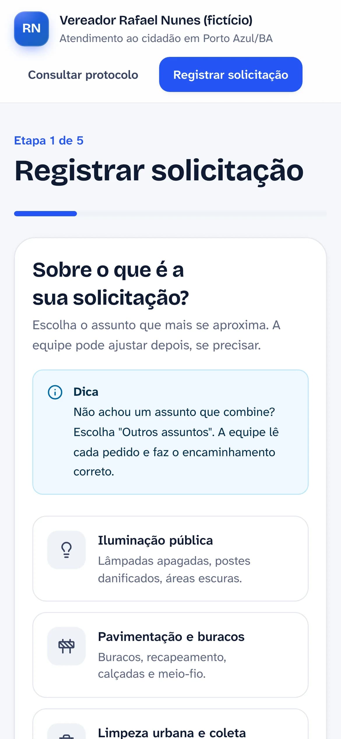 Primeira etapa do formulário no celular: o cidadão escolhe o assunto da solicitação.